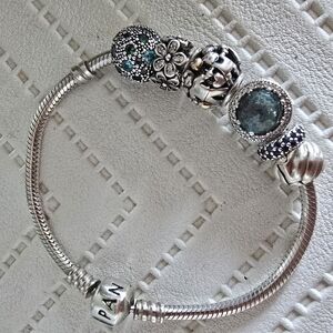 Pandora Silver Bracelet with Teal and Blue Charms